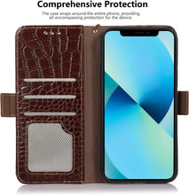 Genuine Leather Case for iPhone 16 Pro Max Pro with 3 Credit Card Slot RFID Blocking,Crocodile Pattern and Magnetic Closure with Full Body Screen Camera Protective Flip Cover - Brown