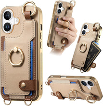 for iPhone 16 Pro Max Mobile Phone Case Card Holder Double Ring Leather Adjustable Length Strap Fashionable Compatibility with Daily Travel Anti-Drop Shockproof Anti-Fingerprint