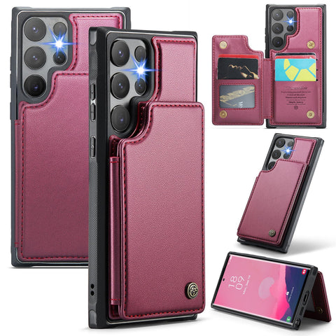 for Samsung Galaxy S23 Ultra Case with Multiple Card Holder and 1 Photo Slot Magnetic Wallet Buckle RFID Blocking Durable Leather Bracket Shockproof S23 Ultra Case for Galaxy