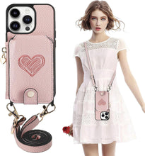 for iPhone 15 Mobile Phone Case Classic Card Holder Cute Heart Pattern Luxury Leather Flip Cover with Long Strap Compatibility with Daily Travel Anti-Fall Durable