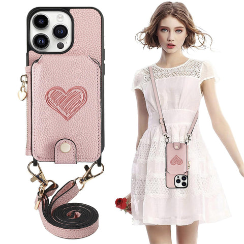 for iPhone 16 Pro Mobile Phone Case Classic Card Holder Cute Heart Pattern Luxury Leather Flip Cover with Long Strap Compatibility with Daily Travel Anti-Fall Durable