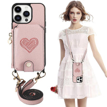 for iPhone 16 Pro Mobile Phone Case Classic Card Holder Cute Heart Pattern Luxury Leather Flip Cover with Long Strap Compatibility with Daily Travel Anti-Fall Durable