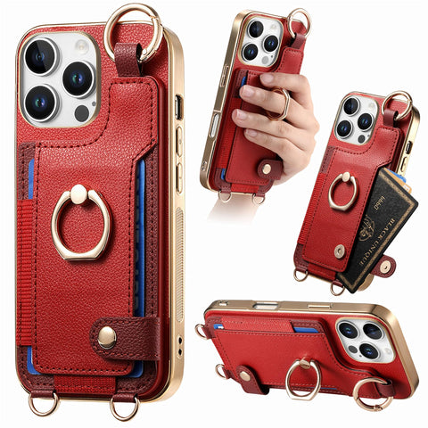 for iPhone 16 Pro Max Mobile Phone Case Card Holder Double Ring Leather Adjustable Length Strap Fashionable Compatibility with Daily Travel Anti-Drop Shockproof Anti-Fingerprint