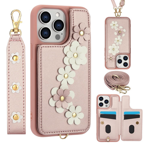 for iPhone 15 Pro Max Case Exquisite Leather Built-in Flip Card Holder Freshness Small Flower Pattern with Long and Short Strap flip Bracket Daily Travel Women
