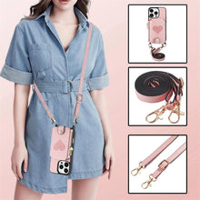 for iPhone 16 Pro Mobile Phone Case Classic Card Holder Cute Heart Pattern Luxury Leather Flip Cover with Long Strap Compatibility with Daily Travel Anti-Fall Durable