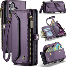 for iPhone 16 Pro Max Case with 10 Card Slots RFID Blocking Magnetic Closure Zipper Cash Bills Pocket, Premium PU Leather with Crossbody Wristlet Strap - Purple