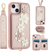 for iPhone 15 Pro Max Case Exquisite Leather Built-in Flip Card Holder Freshness Small Flower Pattern with Long and Short Strap flip Bracket Daily Travel Women
