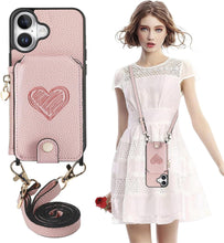 for iPhone 16 Pro Mobile Phone Case Classic Card Holder Cute Heart Pattern Luxury Leather Flip Cover with Long Strap Compatibility with Daily Travel Anti-Fall Durable