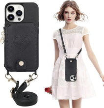 for iPhone 16 Pro Mobile Phone Case Classic Card Holder Cute Heart Pattern Luxury Leather Flip Cover with Long Strap Compatibility with Daily Travel Anti-Fall Durable