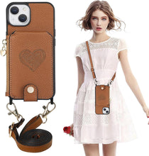 for iPhone 15 Mobile Phone Case Classic Card Holder Cute Heart Pattern Luxury Leather Flip Cover with Long Strap Compatibility with Daily Travel Anti-Fall Durable