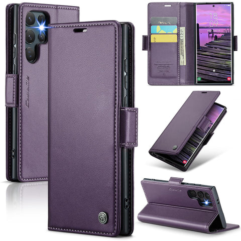 for Samsung Galaxy S25 Ultra Wallet Case, RFID Blocking with Kickstand 3 Credit Card Slot and Cash Slot Magnetic Closure Wireless Charging Slim PU Leather Protective Cover - Purple