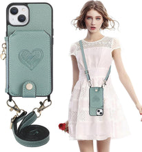 for iPhone 15 Mobile Phone Case Classic Card Holder Cute Heart Pattern Luxury Leather Flip Cover with Long Strap Compatibility with Daily Travel Anti-Fall Durable