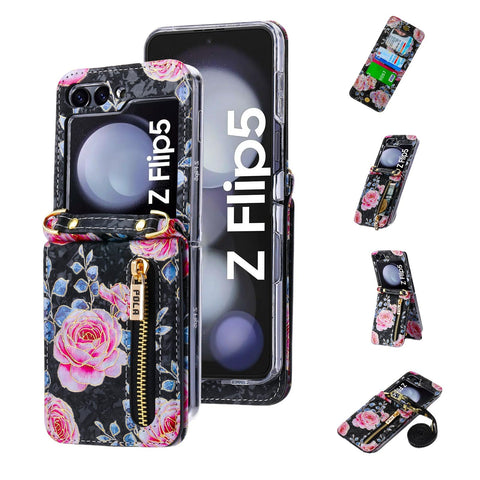 for Samsung Galaxy Z Flip 5 Wallet Case Floral Design with 4 Card Slots and 1 Zipper Pocket Long Lanyard and Kickstand for Women