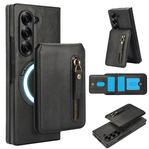 삼성 갤럭시 Z Fold5 케이스, 2-in-1 분리형 자석 지갑, 4개의 카드 슬롯, 1개의 지퍼백, MagSafe 및 RFID 차단 스탠드, 무선 충전