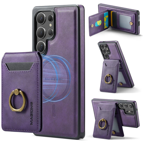 for Samsung Galaxy S25 Ultra 2 in 1 Detachable Card Bag Wallet Case Durable Leather Wallets Magnetic Card Holder 4 Card Slots Ring Stand RFID Blocking