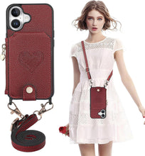for iPhone 16 Pro Mobile Phone Case Classic Card Holder Cute Heart Pattern Luxury Leather Flip Cover with Long Strap Compatibility with Daily Travel Anti-Fall Durable