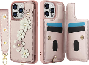 for iPhone 15 Pro Max Case Exquisite Leather Built-in Flip Card Holder Freshness Small Flower Pattern with Long and Short Strap flip Bracket Daily Travel Women