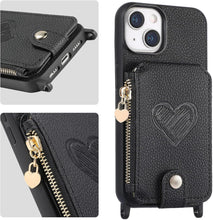 for iPhone 15 Mobile Phone Case Classic Card Holder Cute Heart Pattern Luxury Leather Flip Cover with Long Strap Compatibility with Daily Travel Anti-Fall Durable