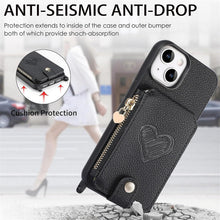 for iPhone 15 Mobile Phone Case Classic Card Holder Cute Heart Pattern Luxury Leather Flip Cover with Long Strap Compatibility with Daily Travel Anti-Fall Durable