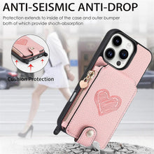 for iPhone 16 Pro Mobile Phone Case Classic Card Holder Cute Heart Pattern Luxury Leather Flip Cover with Long Strap Compatibility with Daily Travel Anti-Fall Durable