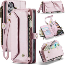 for iPhone 16 Pro Max Case with 10 Card Slots RFID Blocking Magnetic Closure Zipper Cash Bills Pocket, Premium PU Leather with Crossbody Wristlet Strap - Purple