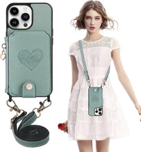 for iPhone 16 Pro Mobile Phone Case Classic Card Holder Cute Heart Pattern Luxury Leather Flip Cover with Long Strap Compatibility with Daily Travel Anti-Fall Durable