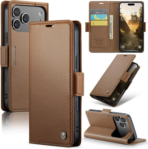for iPhone 17 Pro Max Wallet Case, RFID Blocking with Kickstand 3 Credit Card Slot and Cash Slot Magnetic Closure Wireless Charging Slim PU Leather Protective Cover - Brown