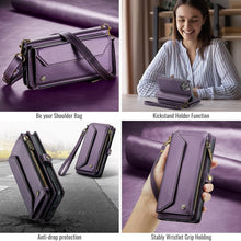 for iPhone 16 Pro Max Case with 10 Card Slots RFID Blocking Magnetic Closure Zipper Cash Bills Pocket, Premium PU Leather with Crossbody Wristlet Strap - Purple