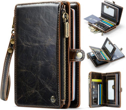 Passport Holder Wallet Bag with 11 Card Slots and Passport Solt Cash Solt Photo Solt Zipper Pocket, RFID Blocking Wristlet Strap for Travel.Brown