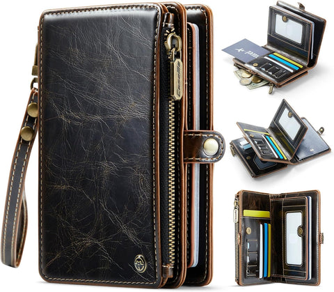 Passport Holder Wallet Bag with 11 Card Slots and Passport Solt Cash Solt Photo Solt Zipper Pocket, RFID Blocking Wristlet Strap for Travel.Brown