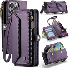 for iPhone 16 Pro Max Case with 10 Card Slots RFID Blocking Magnetic Closure Zipper Cash Bills Pocket, Premium PU Leather with Crossbody Wristlet Strap - Purple