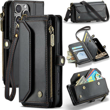 for iPhone 16 Pro Max Case with 10 Card Slots RFID Blocking Magnetic Closure Zipper Cash Bills Pocket, Premium PU Leather with Crossbody Wristlet Strap - Purple