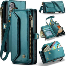 for iPhone 16 Pro Max Case with 10 Card Slots RFID Blocking Magnetic Closure Zipper Cash Bills Pocket, Premium PU Leather with Crossbody Wristlet Strap - Purple