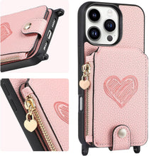 for iPhone 16 Pro Mobile Phone Case Classic Card Holder Cute Heart Pattern Luxury Leather Flip Cover with Long Strap Compatibility with Daily Travel Anti-Fall Durable