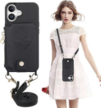 for iPhone 16 Pro Mobile Phone Case Classic Card Holder Cute Heart Pattern Luxury Leather Flip Cover with Long Strap Compatibility with Daily Travel Anti-Fall Durable