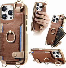 for iPhone 16 Pro Max Mobile Phone Case Card Holder Double Ring Leather Adjustable Length Strap Fashionable Compatibility with Daily Travel Anti-Drop Shockproof Anti-Fingerprint