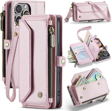 for iPhone 16 Pro Max Case with 10 Card Slots RFID Blocking Magnetic Closure Zipper Cash Bills Pocket, Premium PU Leather with Crossbody Wristlet Strap - Purple