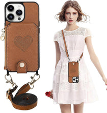 for iPhone 16 Pro Mobile Phone Case Classic Card Holder Cute Heart Pattern Luxury Leather Flip Cover with Long Strap Compatibility with Daily Travel Anti-Fall Durable