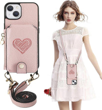 for iPhone 15 Mobile Phone Case Classic Card Holder Cute Heart Pattern Luxury Leather Flip Cover with Long Strap Compatibility with Daily Travel Anti-Fall Durable