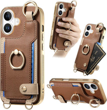 for iPhone 16 Pro Max Mobile Phone Case Card Holder Double Ring Leather Adjustable Length Strap Fashionable Compatibility with Daily Travel Anti-Drop Shockproof Anti-Fingerprint