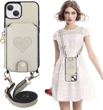for iPhone 15 Mobile Phone Case Classic Card Holder Cute Heart Pattern Luxury Leather Flip Cover with Long Strap Compatibility with Daily Travel Anti-Fall Durable
