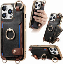 for iPhone 16 Pro Max Mobile Phone Case Card Holder Double Ring Leather Adjustable Length Strap Fashionable Compatibility with Daily Travel Anti-Drop Shockproof Anti-Fingerprint