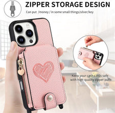 for iPhone 16 Pro Mobile Phone Case Classic Card Holder Cute Heart Pattern Luxury Leather Flip Cover with Long Strap Compatibility with Daily Travel Anti-Fall Durable