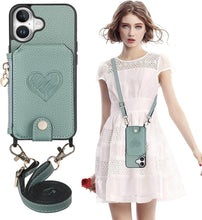 for iPhone 16 Pro Mobile Phone Case Classic Card Holder Cute Heart Pattern Luxury Leather Flip Cover with Long Strap Compatibility with Daily Travel Anti-Fall Durable