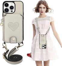 for iPhone 15 Mobile Phone Case Classic Card Holder Cute Heart Pattern Luxury Leather Flip Cover with Long Strap Compatibility with Daily Travel Anti-Fall Durable