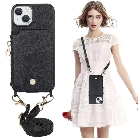 for iPhone 15 Mobile Phone Case Classic Card Holder Cute Heart Pattern Luxury Leather Flip Cover with Long Strap Compatibility with Daily Travel Anti-Fall Durable