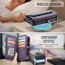 for iPhone 16 Pro Max Case with 10 Card Slots RFID Blocking Magnetic Closure Zipper Cash Bills Pocket, Premium PU Leather with Crossbody Wristlet Strap - Purple