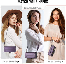 for iPhone 16 Pro Max Case with 10 Card Slots RFID Blocking Magnetic Closure Zipper Cash Bills Pocket, Premium PU Leather with Crossbody Wristlet Strap - Purple