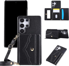 for Samsung Galaxy S23 Ultra Case Premium Leather Mirror Card Holder Cash Slot Equipped with Long Strap Simple and Little Fresh S23 Ultra Case for Galaxy