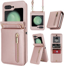 for Samsung Galaxy Z Flip5 Wallet Case with 4 Card Holder and 1 Zipper Slot Crossbody Strap Lanyard and Stylish PU Leather Shockproof Protective Cover